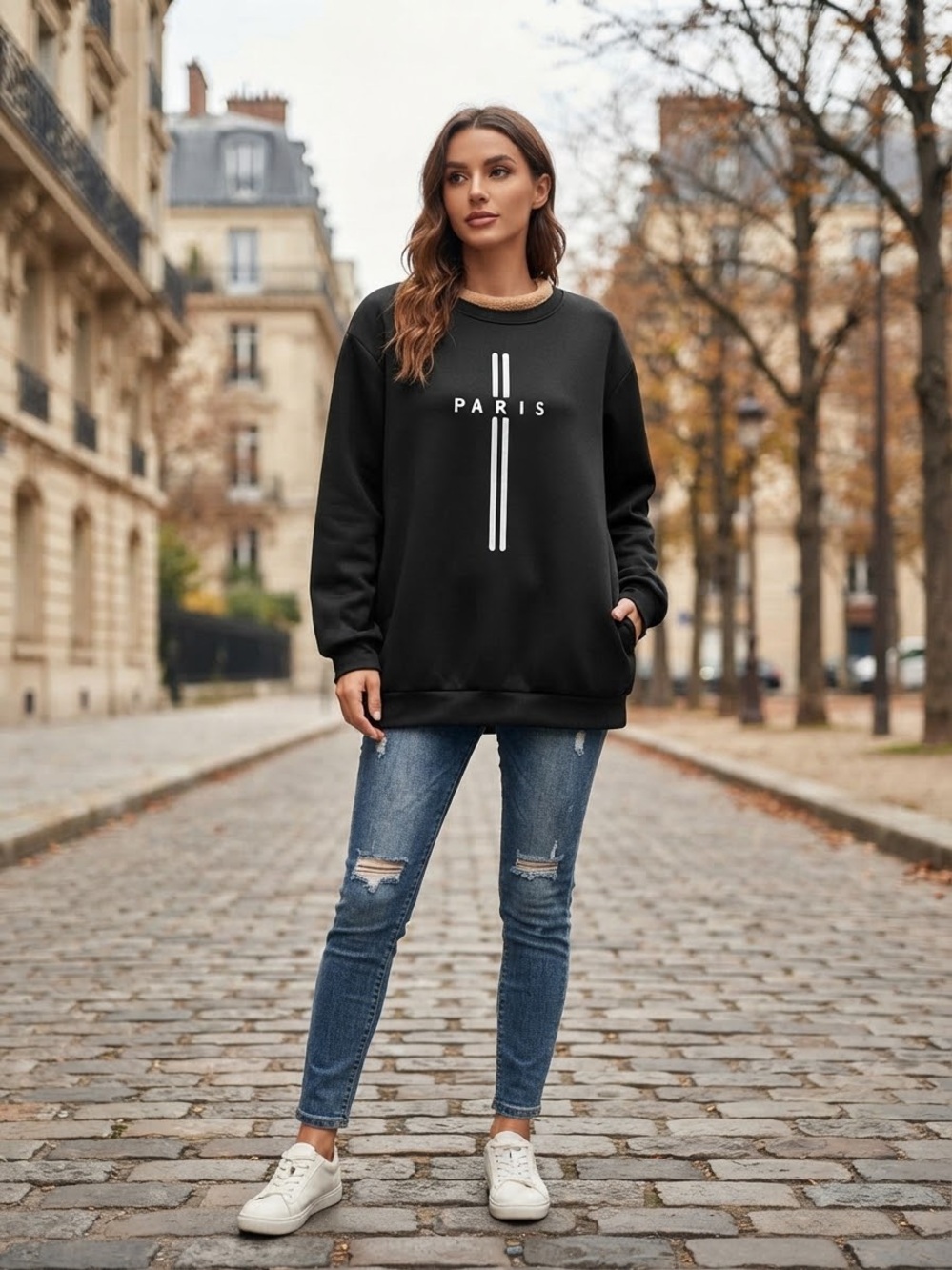 Paris Graphic Black Women's Fleece-Lined Pullover Sweatshirt